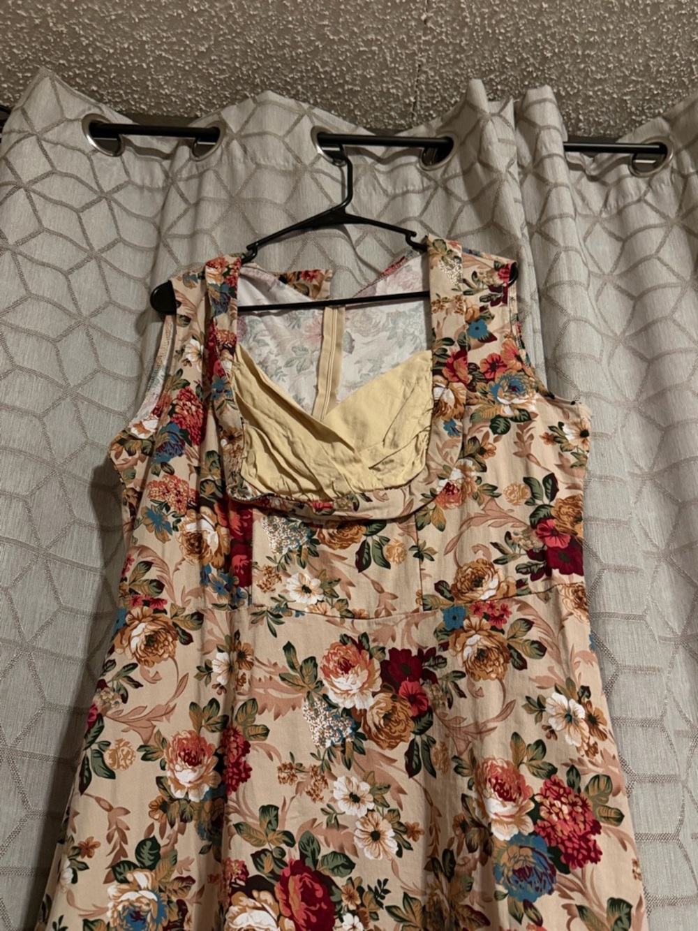Floral Sleeveless A-Line Dress in Beige and Yellow